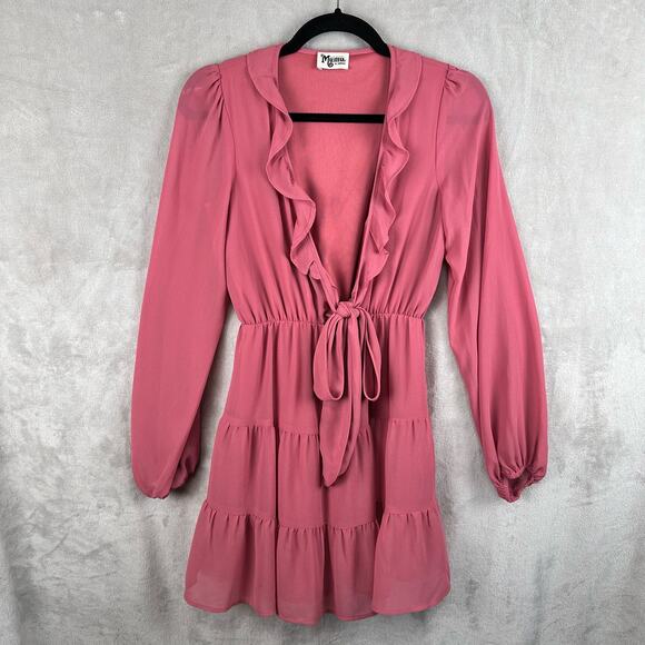 Show Me Your MuMu Dresses & Skirts - Show Me Your Mumu Dress Womens XS Pink Long Sleeve Ruffle Tier Addy Tie Boho